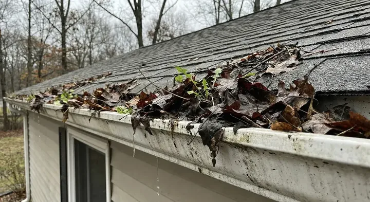An eavestrough on a GTA bungalow filling with wet leaves in the fall
