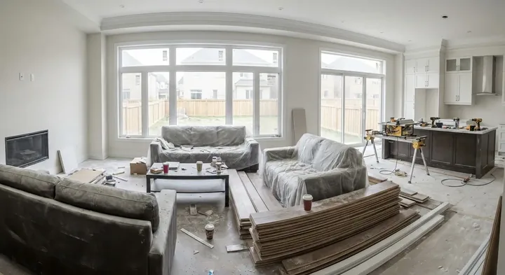 A new-build living room with lumber and dust sheets before the final clean