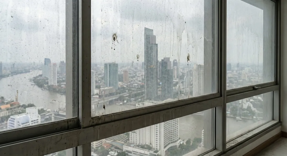 Window glass with the city skyline reflected after cleaning