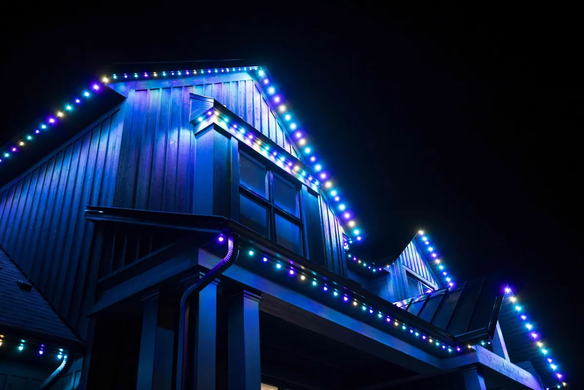 Blue and white LEDs along a gable