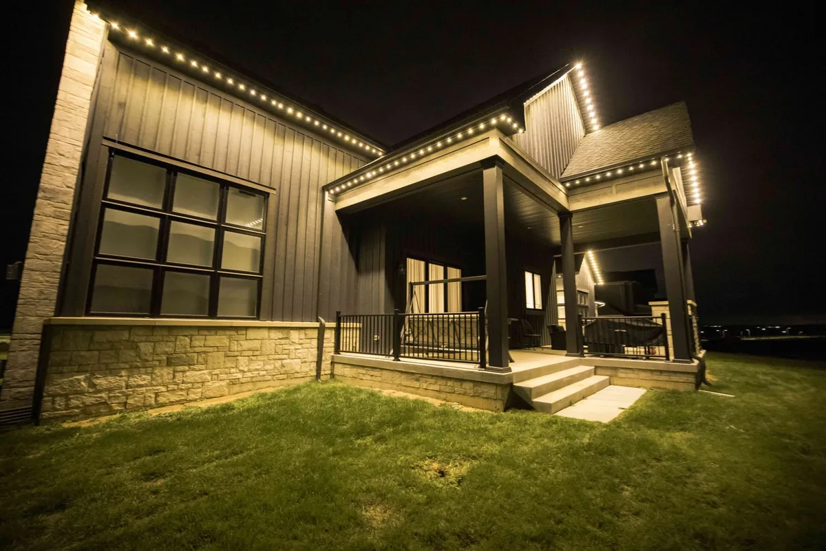 Warm white LEDs along a porch roofline