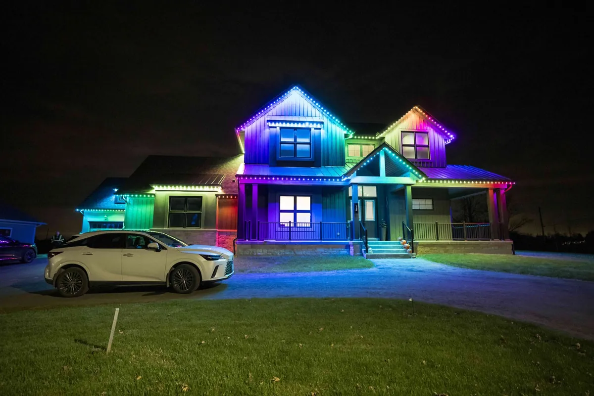 Rainbow permanent lighting across a full roofline